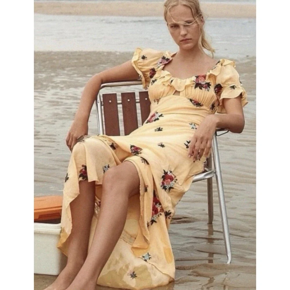 Free People Bali Santa Cruz Ruffle Maxi Dress S Yellow Floral Puff Sleeve Boho
